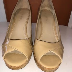 Via Spiga Tan peep toes wedges.